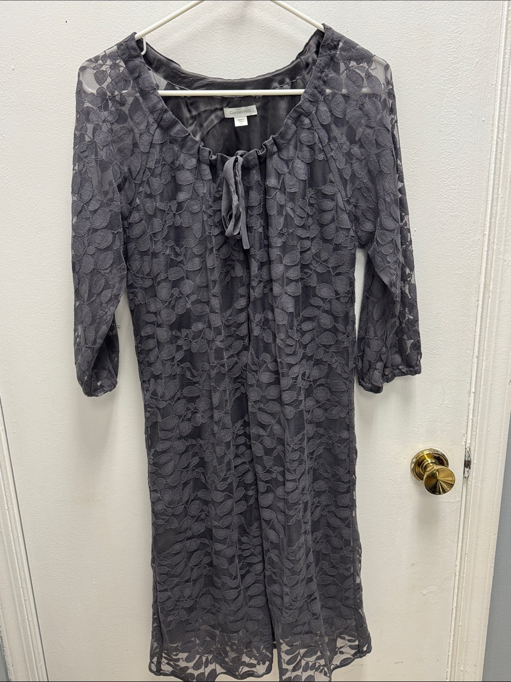Garnet Hill Charcoal Floral Lace Tie-Neck Long Sleeve Dress